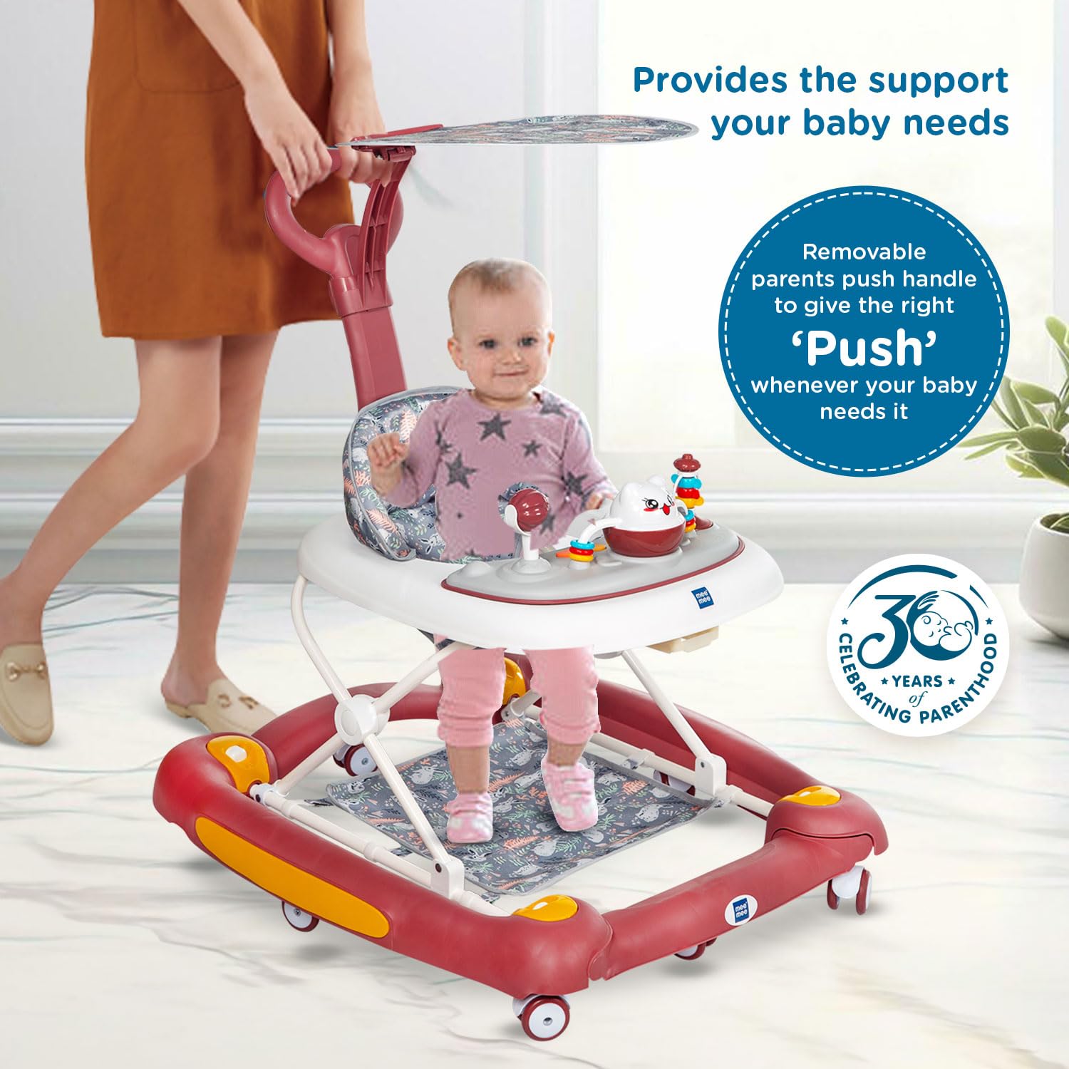 Baby walker with removable parents push handle, baby inside, and text about support and push feature.